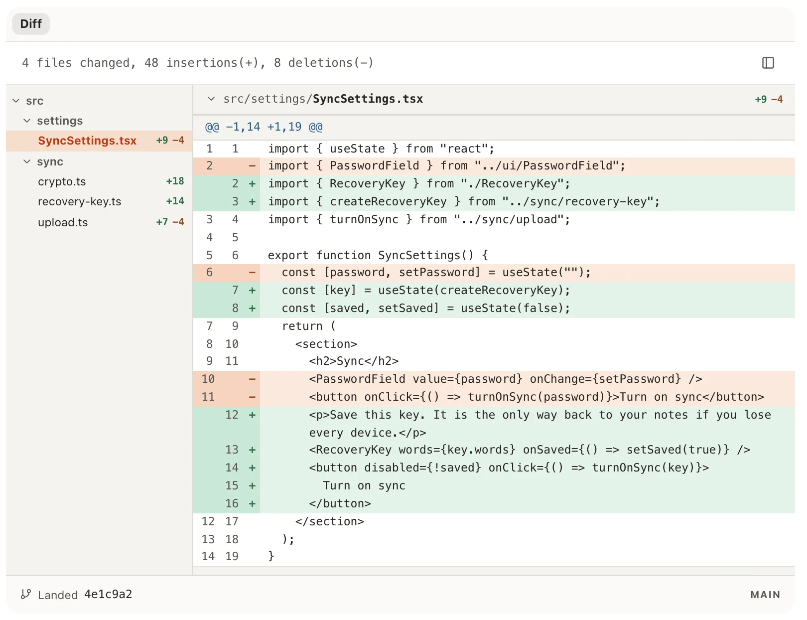 The archived card's diff: four files changed in the Notely project, SyncSettings.tsx replacing the password field with a recovery key, and the commit it landed in