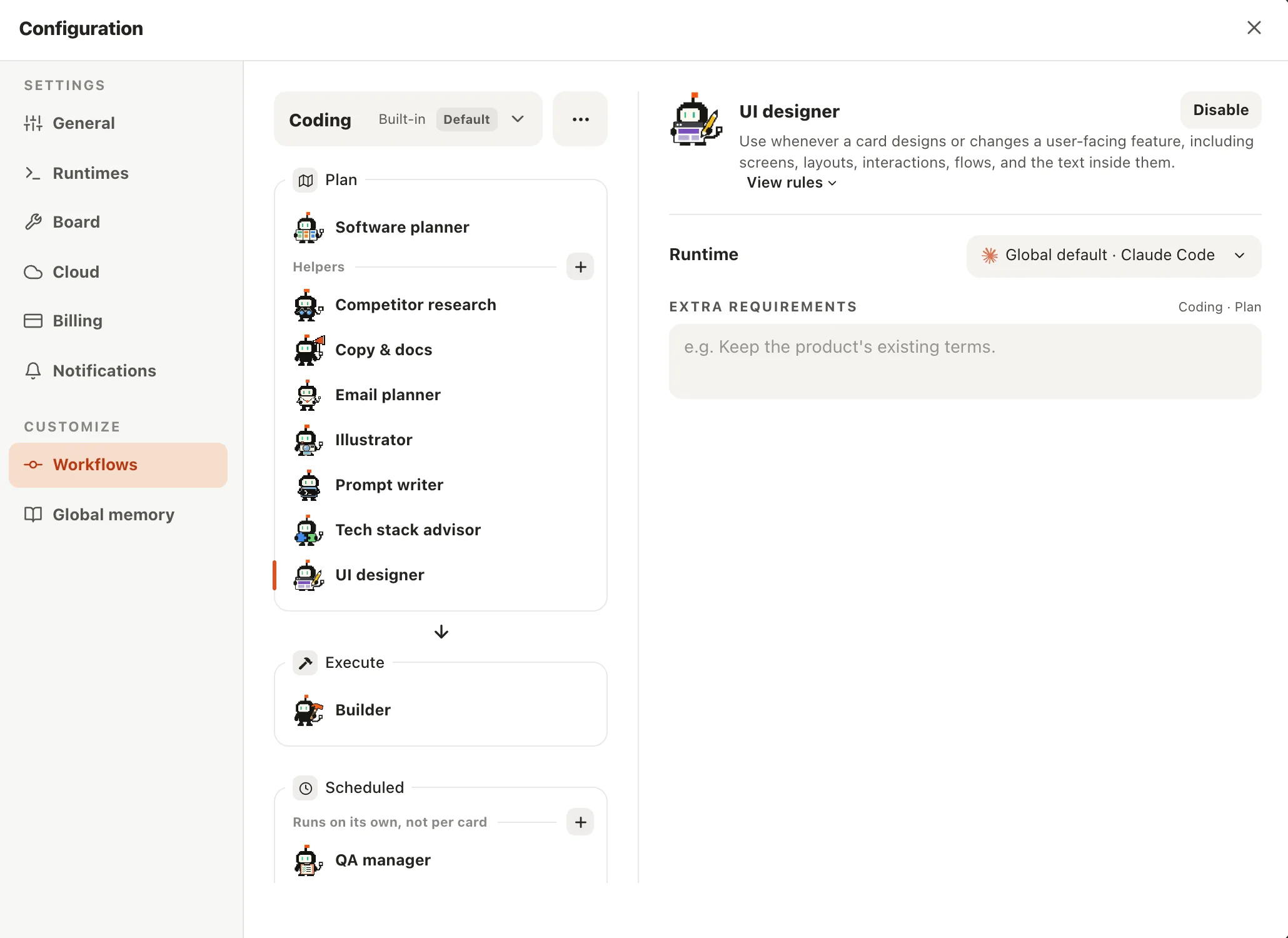 Configuration, Workflows: the Coding workflow with its planning helpers, one helper selected with its Disable button, runtime and extra requirements