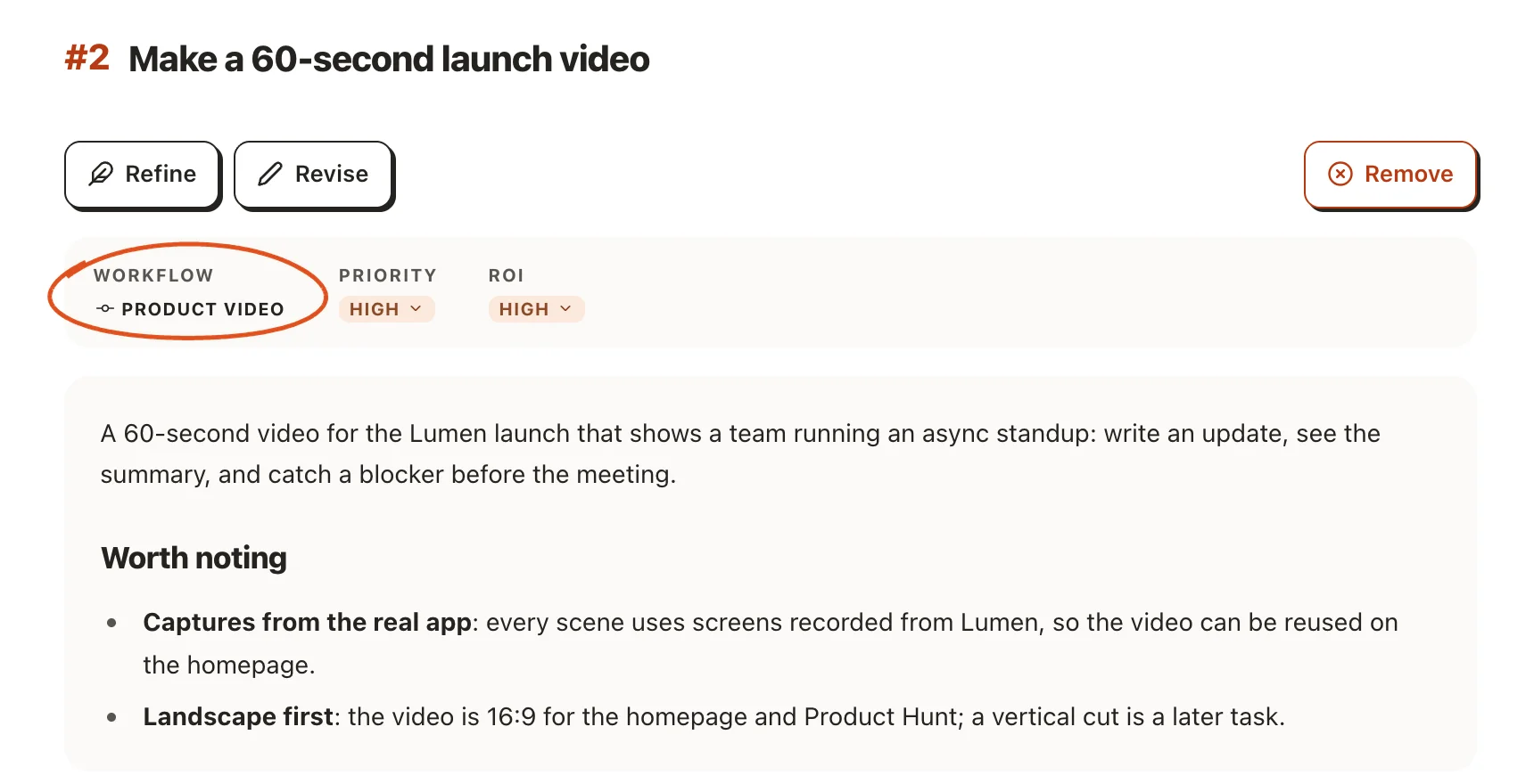 A task card whose Workflow field reads Product video, matched from the request